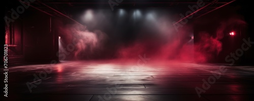 The dark stage shows, empty garnet, ruby, crimson background, neon light, spotlights, The asphalt floor and studio room with smoke © Lenhard
