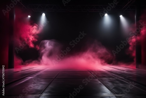 The dark stage shows  empty garnet  ruby  crimson The dark stage shows  empty garnet  ruby  crimson background  neon light  spotlights  The asphalt floor and studio room with smoke