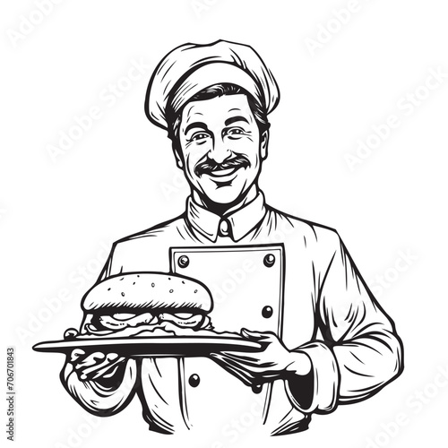 Vector illustration of a sketch of a chef with a mustache and a hat ,holding fast food in his hands