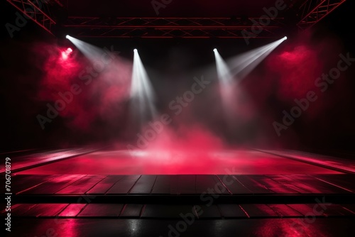 The dark stage shows, empty garnet, ruby, crimson background, neon light, spotlights, The asphalt floor and studio room with smoke