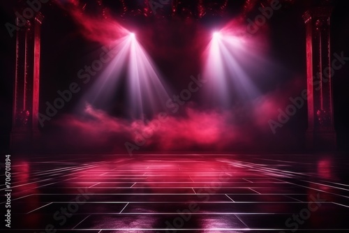 The dark stage shows  empty garnet  ruby  crimson background  neon light  spotlights  The asphalt floor and studio room with smoke