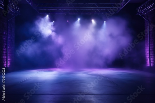 The dark stage shows, empty lavender, periwinkle, violet The dark stage shows, empty lavender, violet, periwinkle background, neon light, spotlights, The asphalt floor and studio room with smoke
