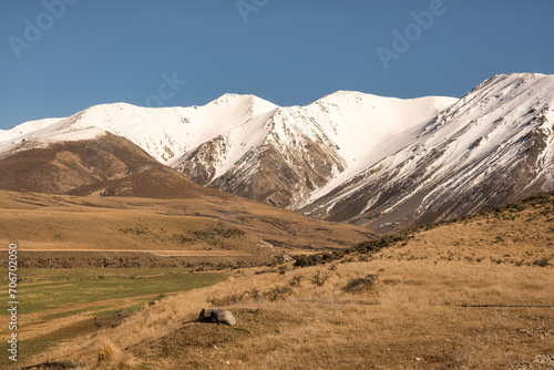 Lush farm land below the slopes of the snow capped southern alps