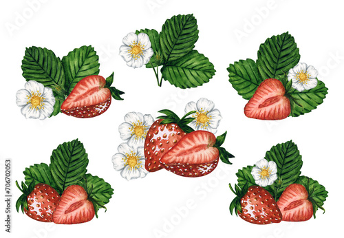 Fototapeta Naklejka Na Ścianę i Meble -  Watercolor strawberry compositions set with berries, leaves and flowers isolated on white background, hand painted watercolor illustration. For patterns, textile, postcards, invitations, stickers.