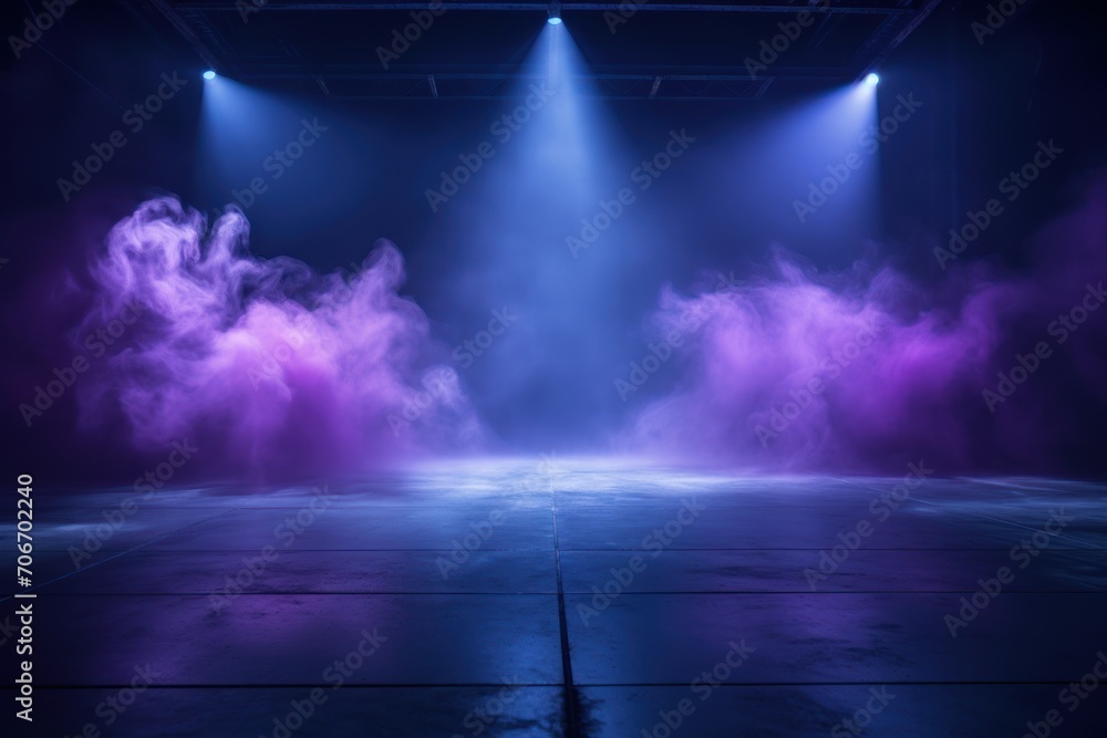 The dark stage shows, empty lavender, violet, periwinkle background, neon light, spotlights, The asphalt floor and studio room with smoke