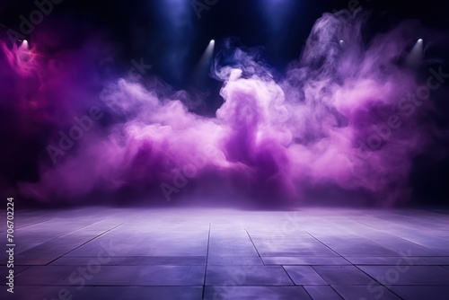The dark stage shows  empty lavender  periwinkle  violet The dark stage shows  empty lavender  violet  periwinkle background  neon light  spotlights  The asphalt floor and studio room with smoke
