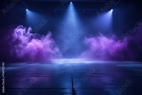 The dark stage shows  empty lavender  violet  periwinkle background  neon light  spotlights  The asphalt floor and studio room with smoke