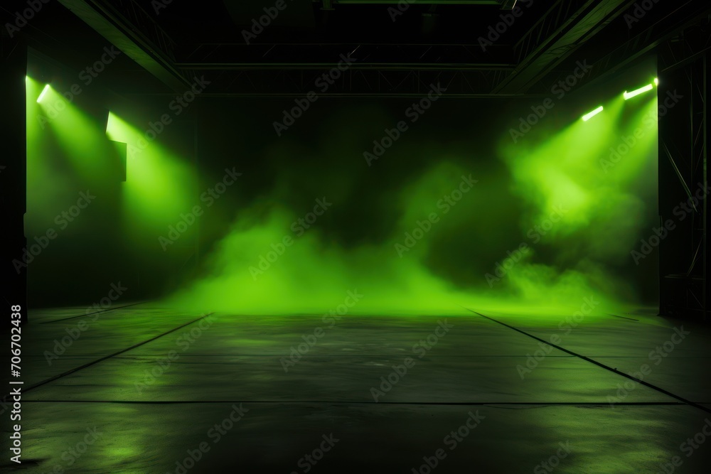 The dark stage shows, empty lime, olive, chartreuse background, neon light, spotlights, The asphalt floor and studio room with smoke