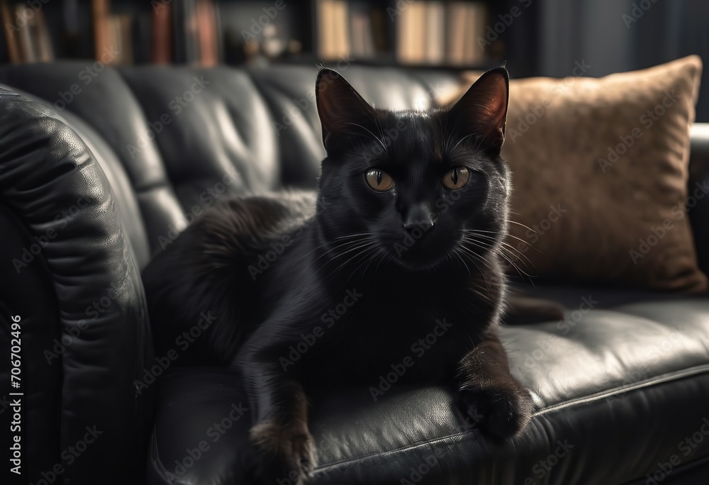 Black cat on an armchair with wear marks in front of the window on a warm day Black cat on an armchair with wear marks in front of the window on a warm day