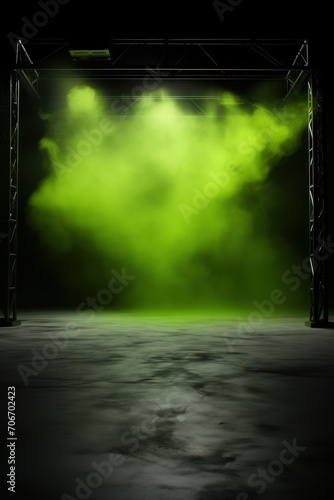 The dark stage shows, empty lime, olive, chartreuse background, neon light, spotlights, The asphalt floor and studio room with smoke 