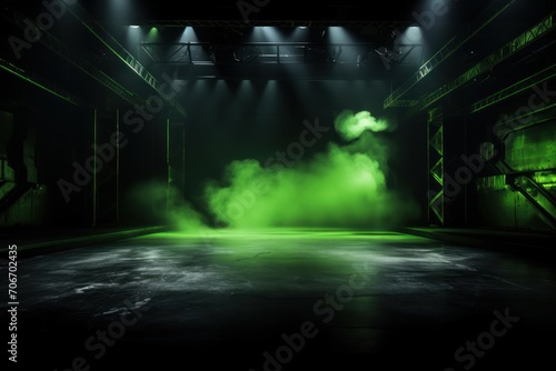 The dark stage shows, empty lime, olive, chartreuse background, neon light, spotlights, The asphalt floor and studio room with smoke 
