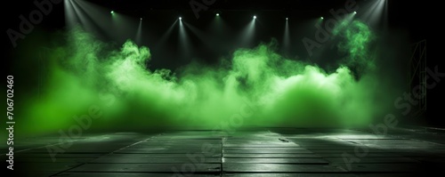 The dark stage shows  empty lime  olive  chartreuse background  neon light  spotlights  The asphalt floor and studio room with smoke