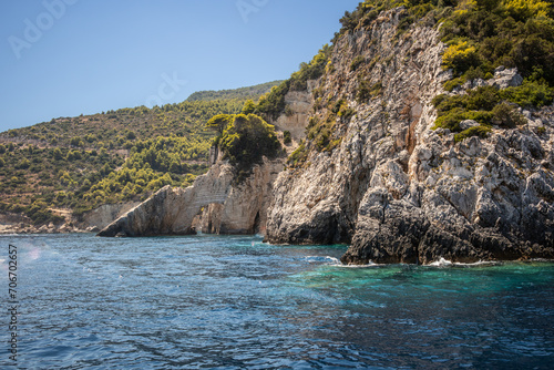 Beautiful Scenery of Greek Nature. Zakynthos Island with Rocky Cliff. Keri Caves with Rock and Ionian Sea in Greece.