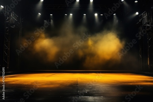 The dark stage shows  empty mustard  ochre  amber background  neon light  spotlights  The asphalt floor and studio room with smoke