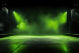 The dark stage shows, empty olive, lime, chartreuse background, neon light, spotlights, The asphalt floor and studio room with smoke