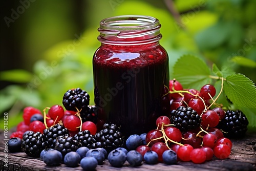 Delicious Fresh Homemade Berry Jam with Copy Space for Text and Green Leaf Sprig, Close-up View