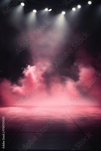 The dark stage shows, empty peachy, rose, blush background, neon light, spotlights, The asphalt floor and studio room with smoke