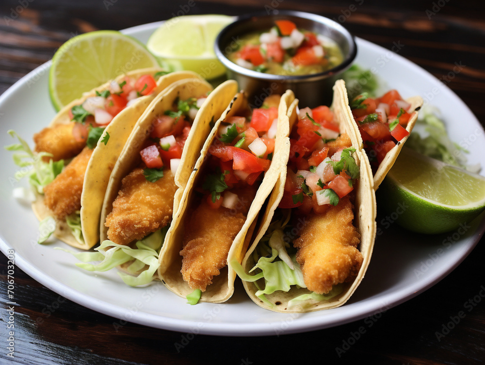 A tantalizing plate of golden-brown fish tacos topped with fresh salsa, ready to be devoured. A tantalizing plate of golden-brown fish tacos topped with fresh salsa, ready to be devoured.