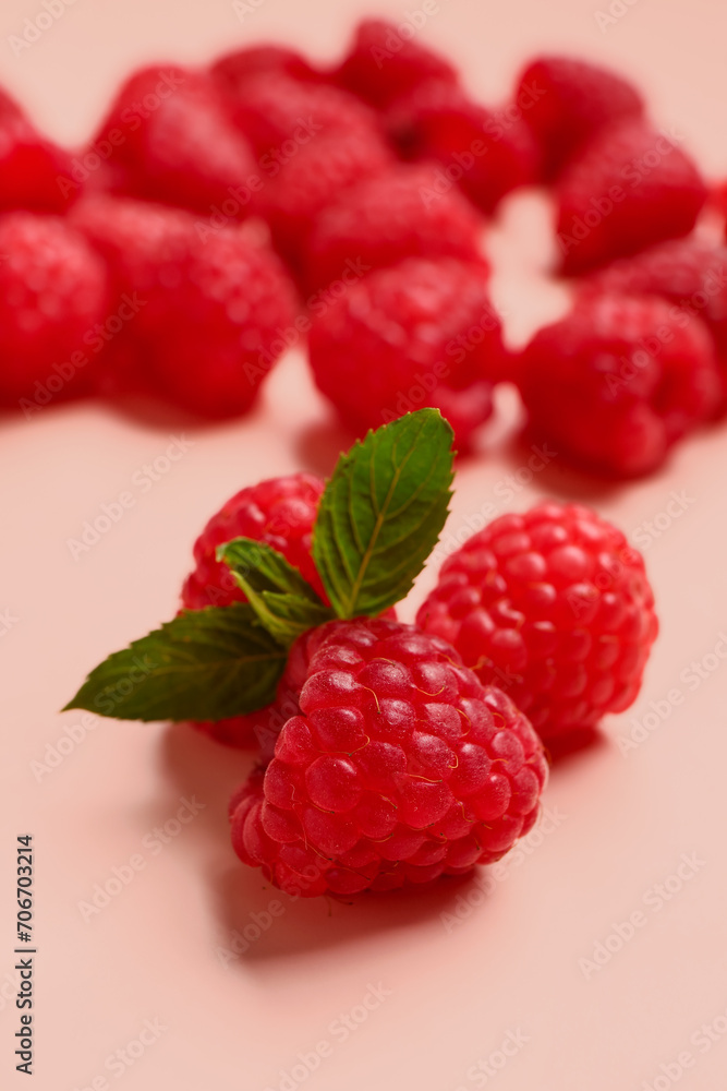 Fresh raspberries and mint on pink background Fresh raspberries and mint on pink background