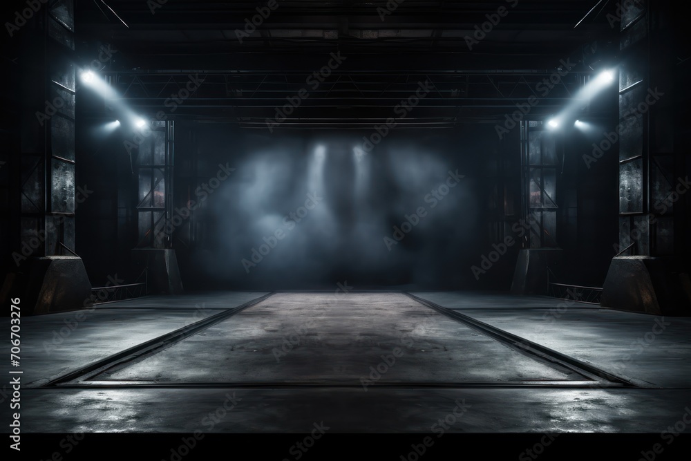 The dark stage shows, empty pewter, steel, slate background, neon light, spotlights, The asphalt floor and studio room with smoke