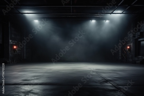 The dark stage shows, empty pewter, steel, slate background, neon light, spotlights, The asphalt floor and studio room with smoke