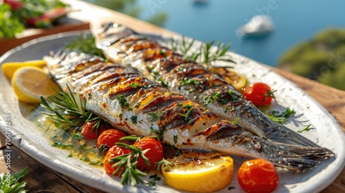 grilled sea bass, Mediterranean herbs in motion with a view of the sea in the background photo