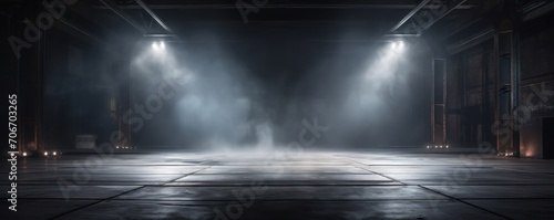 The dark stage shows  empty pewter  steel  slate The dark stage shows  empty pewter  steel  slate background  neon light  spotlights  The asphalt floor and studio room with smoke