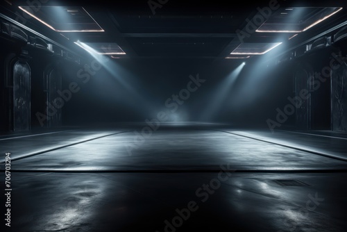 The dark stage shows, empty pewter, steel, slate background, neon light, spotlights, The asphalt floor and studio room with smoke © Lenhard