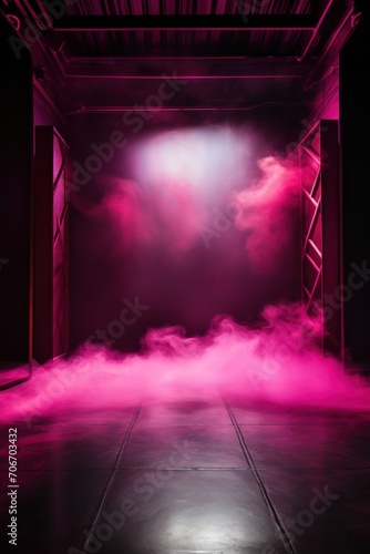 The dark stage shows, empty raspberry, hot pink, magenta background, neon light, spotlights, The asphalt floor and studio room with smoke
