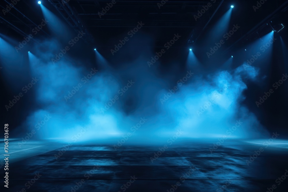 The dark stage shows, empty steel, slate, pewter background, neon light, spotlights, The asphalt floor and studio room with smoke