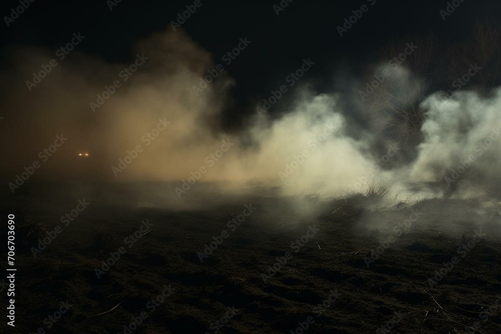 Wide view of eerie smoke hovering near the ground. Mysterious mist against a dark backdrop. Generative AI Wide view of eerie smoke hovering near the ground. Mysterious mist against a dark backdrop. Generative AI