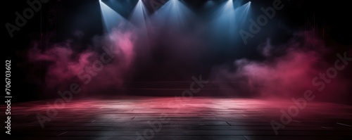 The dark stage shows, empty ruby, garnet, burgundy The dark stage shows, empty ruby, garnet, crimson background, neon light, spotlights, The asphalt floor and studio room with smoke