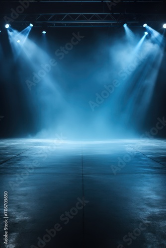 The dark stage shows, empty steel, slate, pewter background, neon light, spotlights, The asphalt floor and studio room with smoke