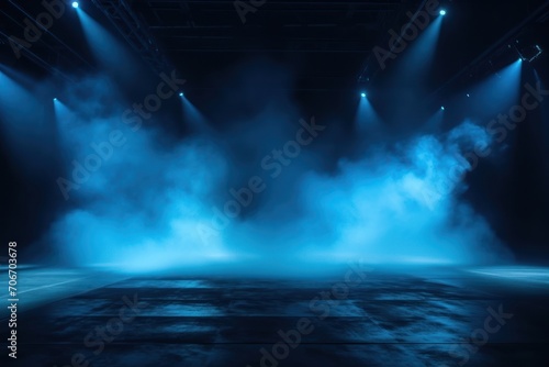 The dark stage shows  empty steel  slate  pewter background  neon light  spotlights  The asphalt floor and studio room with smoke
