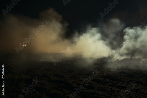Wide view of eerie smoke hovering near the ground. Mysterious mist against a dark backdrop. Generative AI