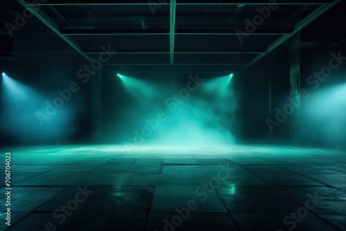 The dark stage shows, empty turquoise, aquamarine, teal background, neon light, spotlights, The asphalt floor and studio room with smoke