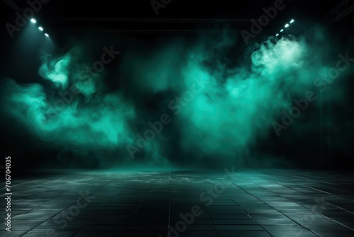 The dark stage shows  empty turquoise  aquamarine  teal background  neon light  spotlights  The asphalt floor and studio room with smoke