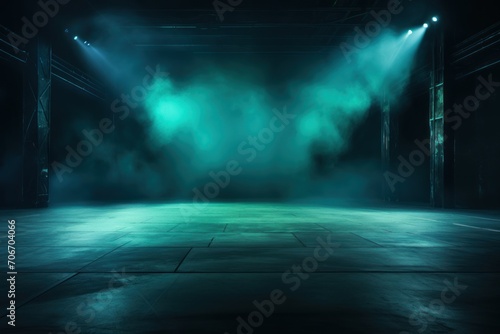 The dark stage shows, empty turquoise, aquamarine, teal background, neon light, spotlights, The asphalt floor and studio room with smoke © Lenhard
