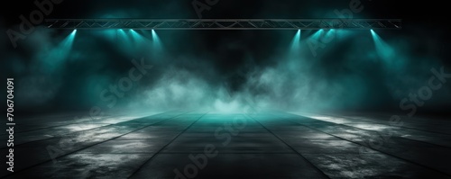 The dark stage shows, empty turquoise, aquamarine, teal background, neon light, spotlights, The asphalt floor and studio room with smoke