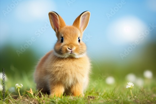 Adorable Baby Rabbit Sitting on Fresh Green Grass - Plenty of Room for Text and Copy Space Available © chelmicky