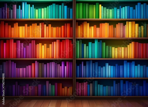 colorful books in the library, A wooden bookcase filled with books in a home setting