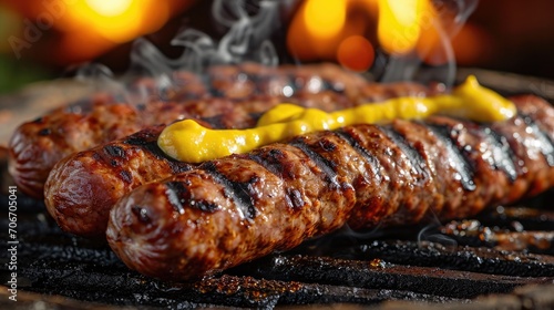 kovbasa (Ukrainian sausage), sizzling with grill marks, adorned with a splash of mustard, rustic tavern setting