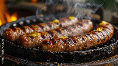 kovbasa (Ukrainian sausage), sizzling with grill marks, adorned with a splash of mustard, rustic tavern setting