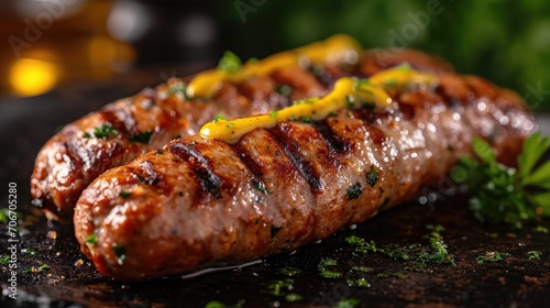 kovbasa (Ukrainian sausage), sizzling with grill marks, adorned with a splash of mustard, rustic tavern setting photo