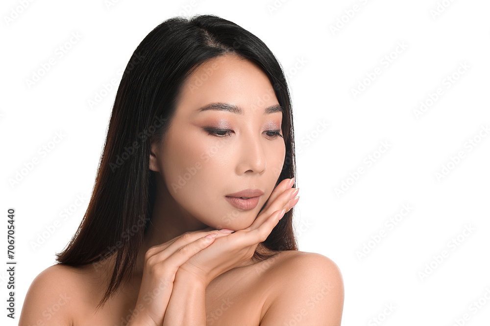 Beautiful young Asian woman with healthy skin on white background Beautiful young Asian woman with healthy skin on white background