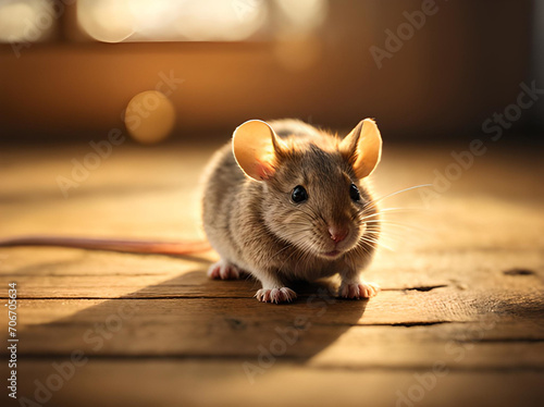 Little mouse on a wooden floor close up. Sunny day.
