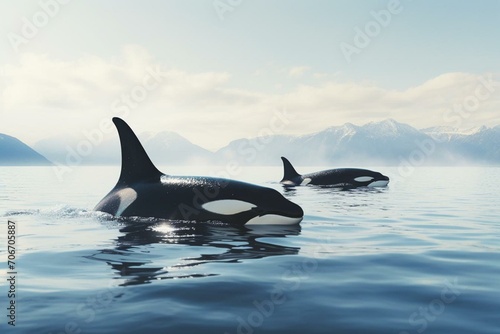 Two orcas swimming in the sea. Generative AI © Alexander