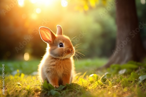 Adorable Baby Rabbit Sitting on Fresh Green Grass - Plenty of Room for Text and Copy Space Available