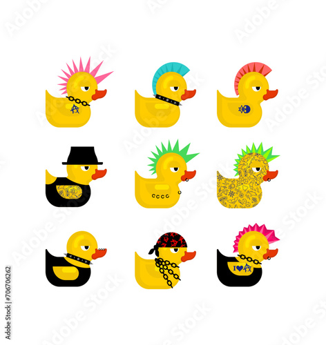 Rubber duck punk set. Duck toy punker. yellow punky