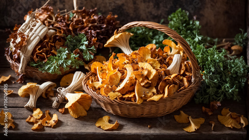 Raw Chanterelle Mushrooms on the old background organic